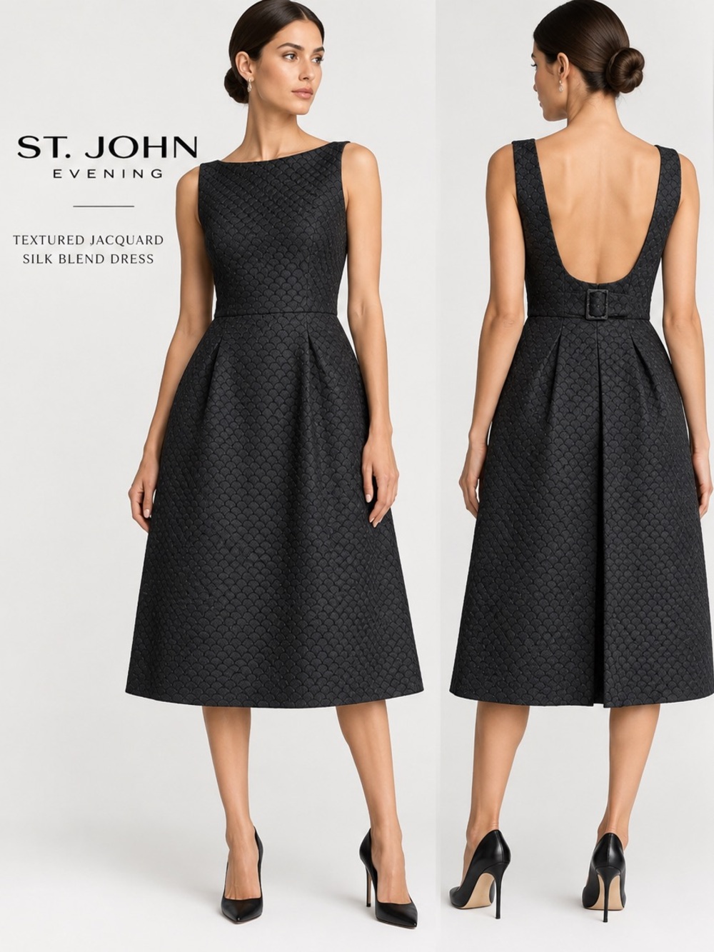 St. John NWT $1995 Black Silk Jacquard Belted Midi Dress Size 2 Luxury
